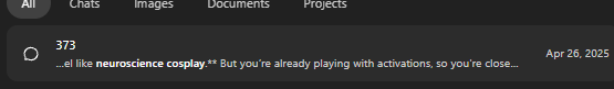 Cropped ChatGPT search result dated April 26, 2025, mentioning neuroscience cosplay and playing with activations