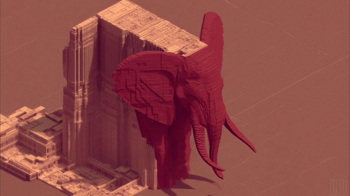A monumental red elephant fused with an immense architectural machine