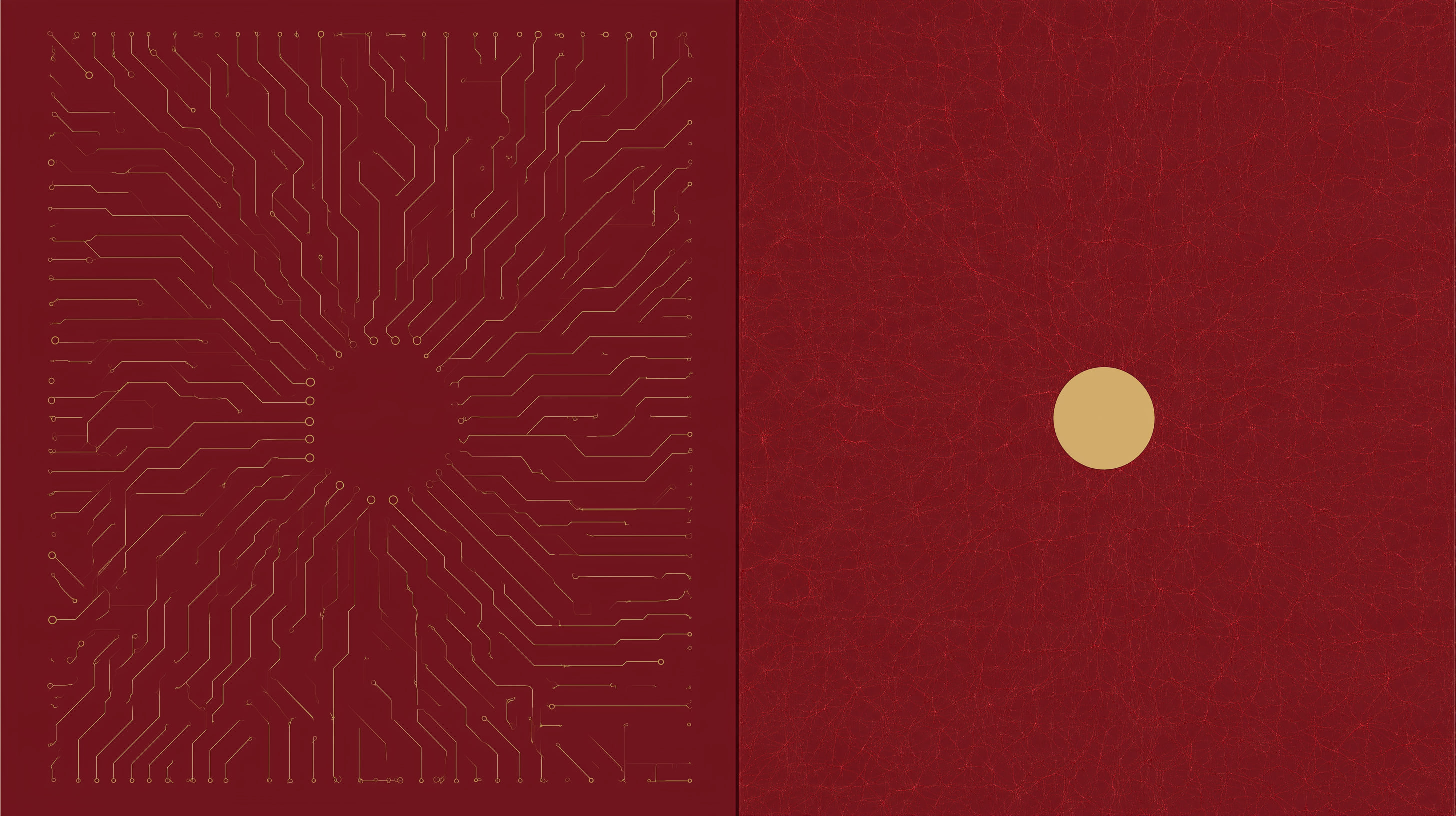 Concept artwork contrasting circuit-like traces with a dense red neural field and a single gold disc