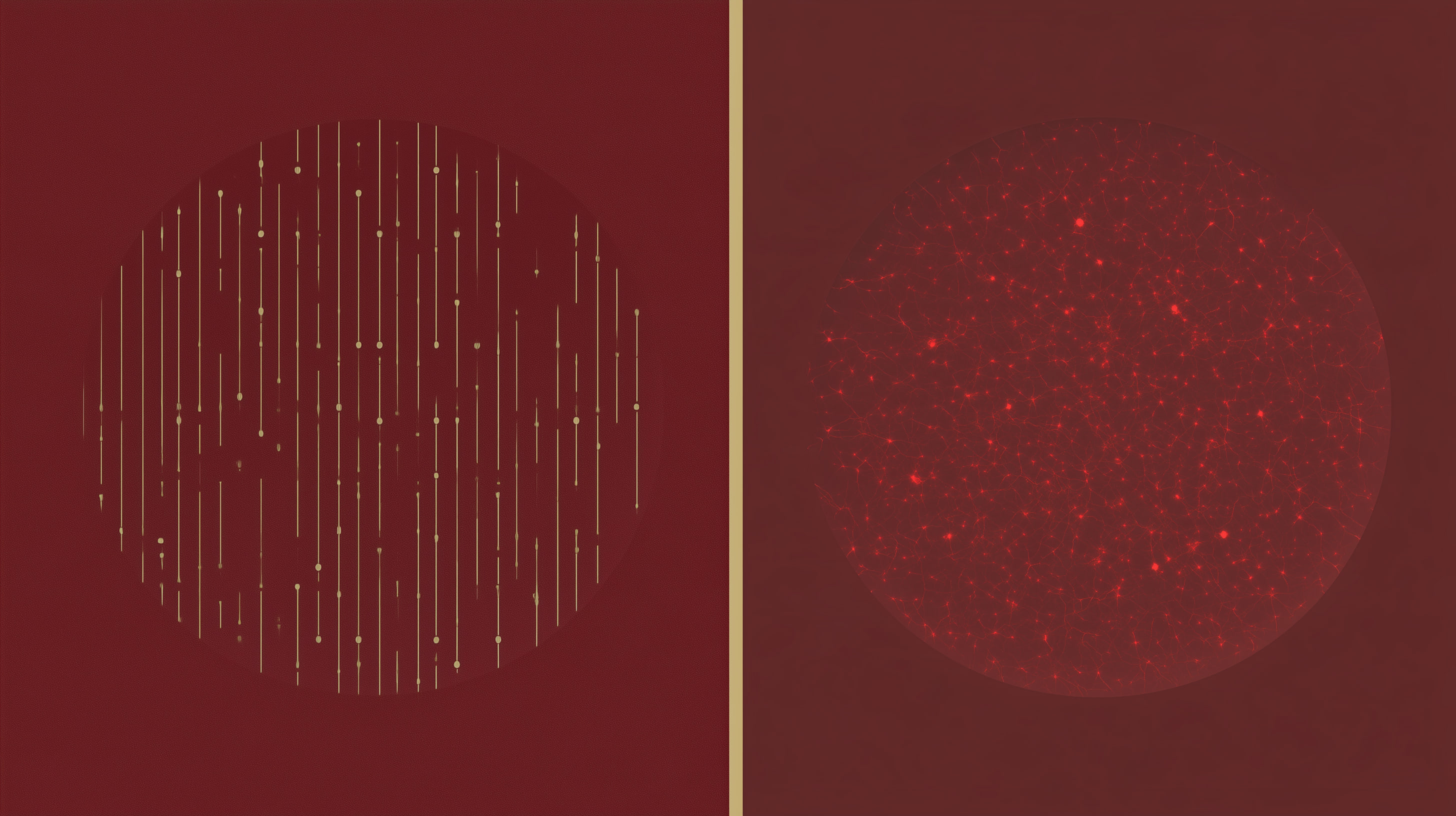 Concept artwork pairing vertical gold signals in a red circular field with a dense glowing neural network