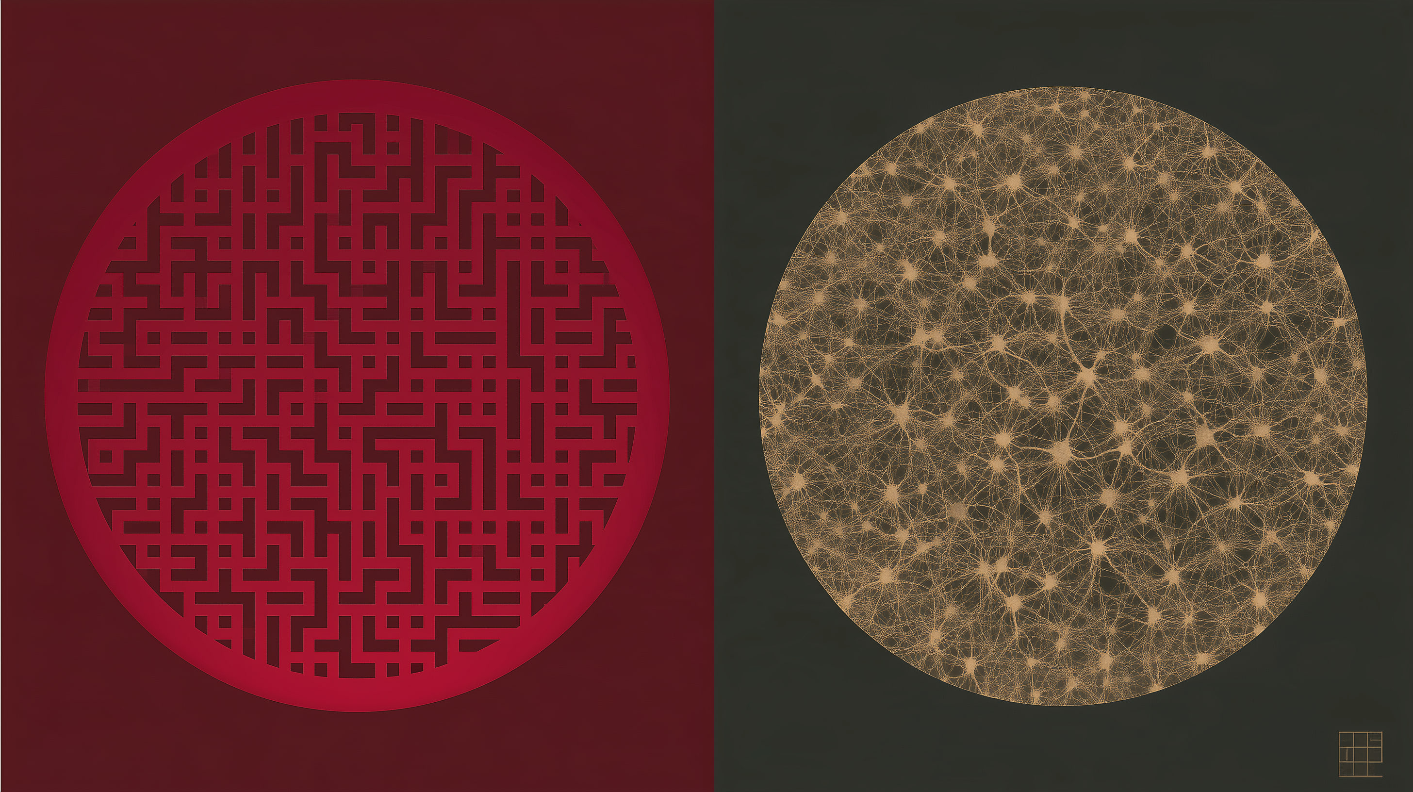 Concept artwork contrasting a red circular maze with an intricate gold neural network in a dark circular field