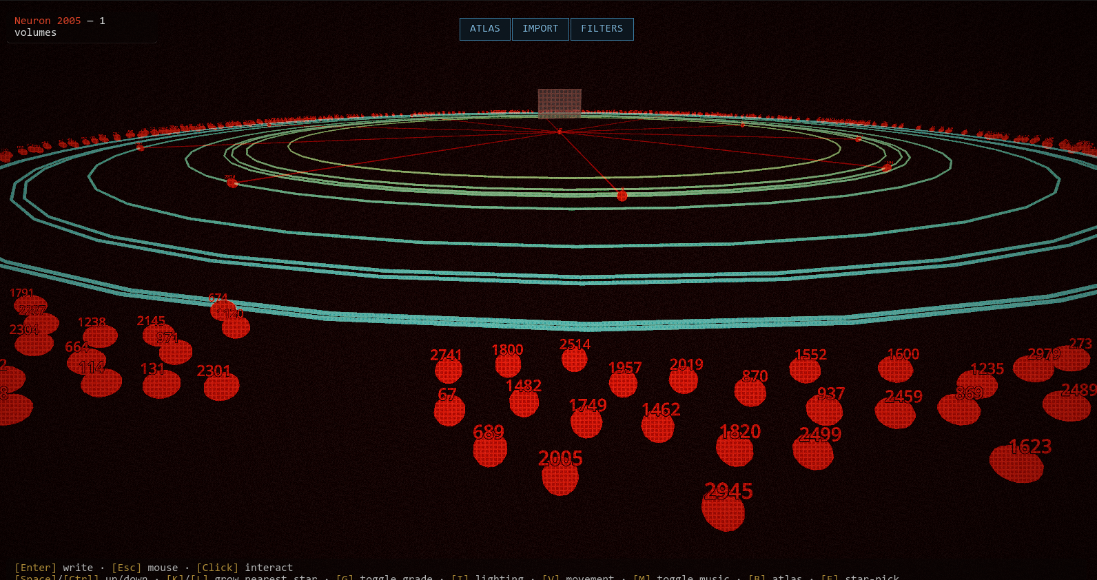 Glowing red nodes beneath concentric cyan rings in the early Mesocosm prototype