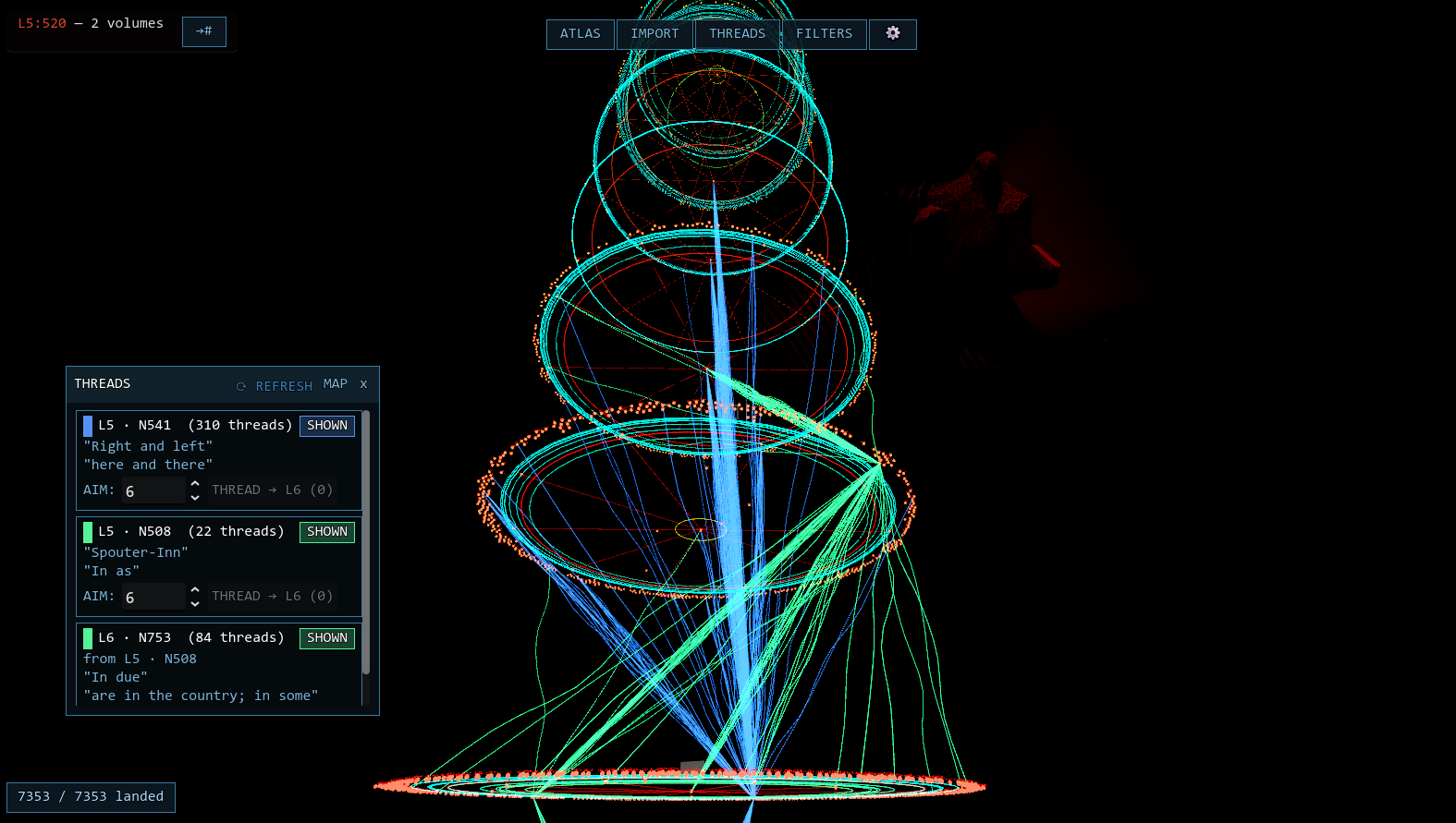 Cyan and red paths crossing vertically between rings in a three-dimensional map