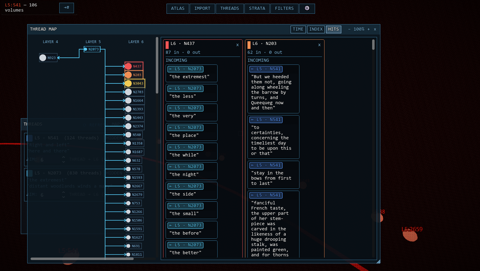 A thread-map window with layer connections and columns of text over the ring world