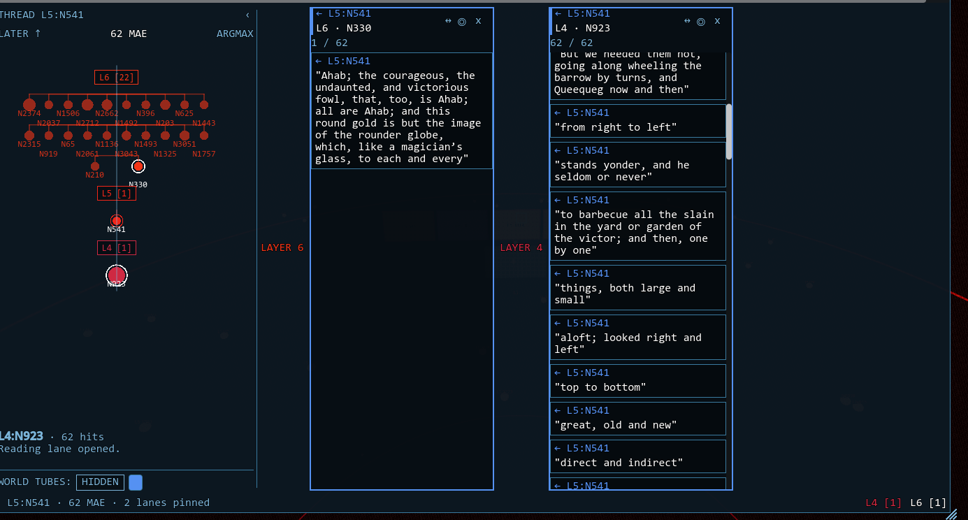 A compact red branching tree and two parallel text columns