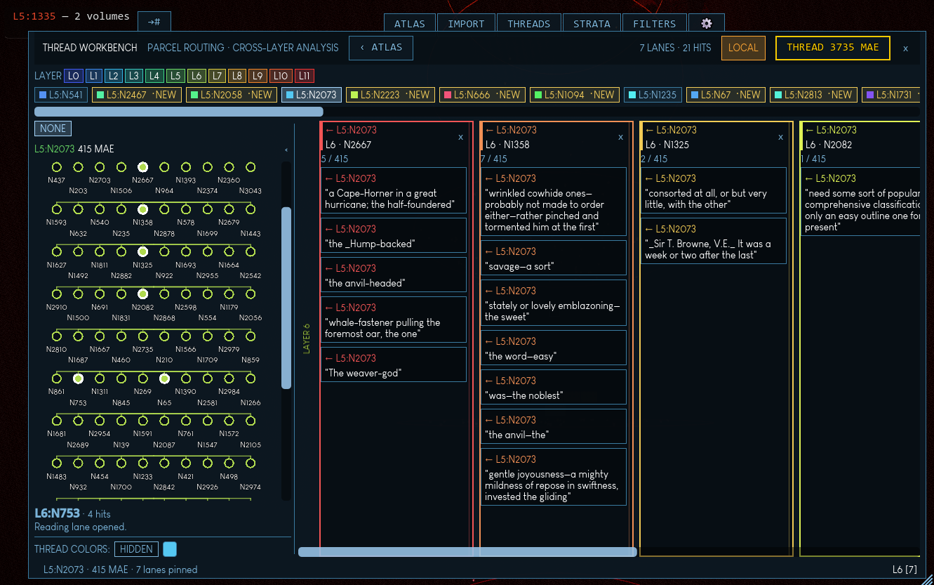 A thread inspector with a branching node tree and coloured text columns
