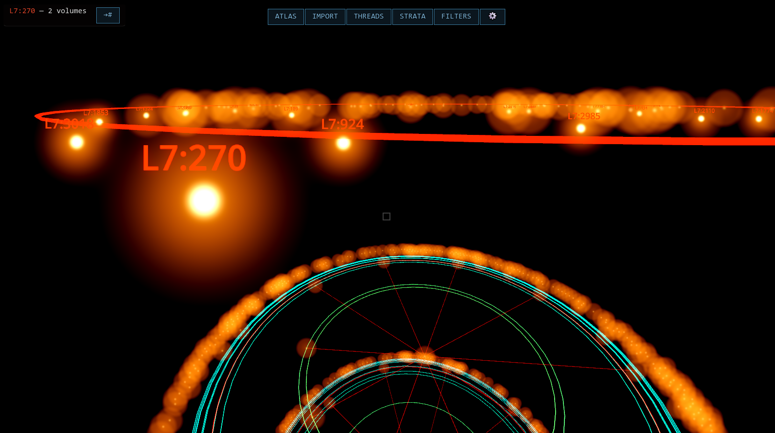 Glowing orange nodes along a ring above a circular cyan map