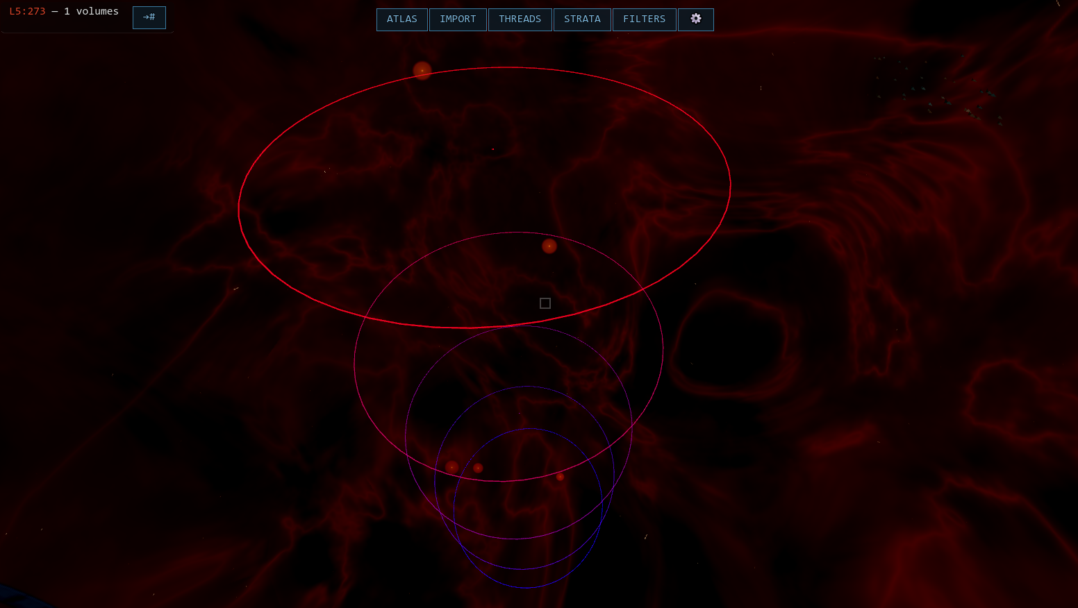 Faint red rings and connecting paths in the three-dimensional world