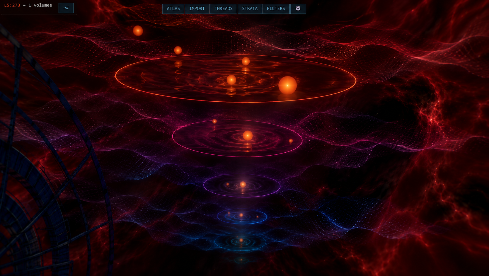 A concept image of glowing red and violet rings descending through a clouded space beside a dark cylindrical tower