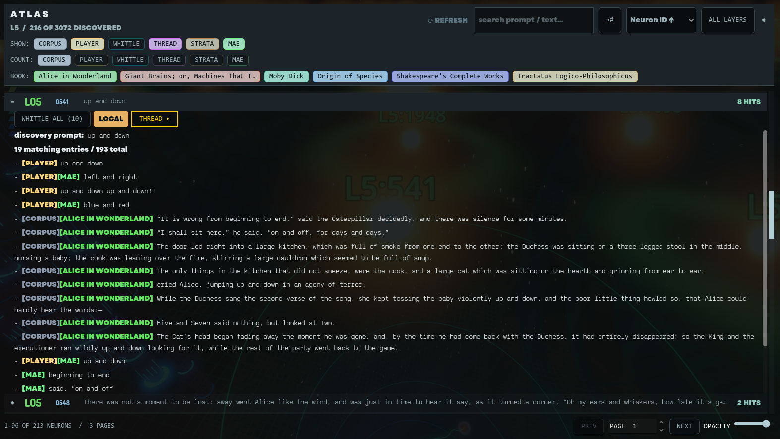 An Atlas search interface with word filters and rows of model text