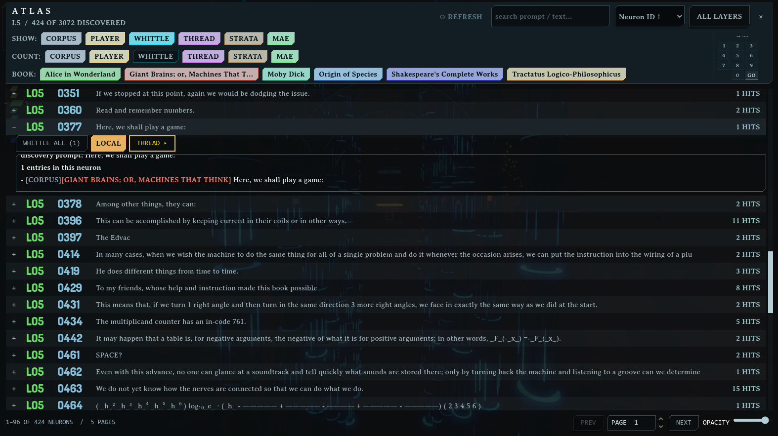 An Atlas results list with coloured layer labels and word filters