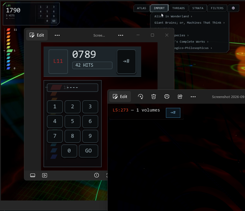 A numeric tuner over a red ring world with overlapping interface panels