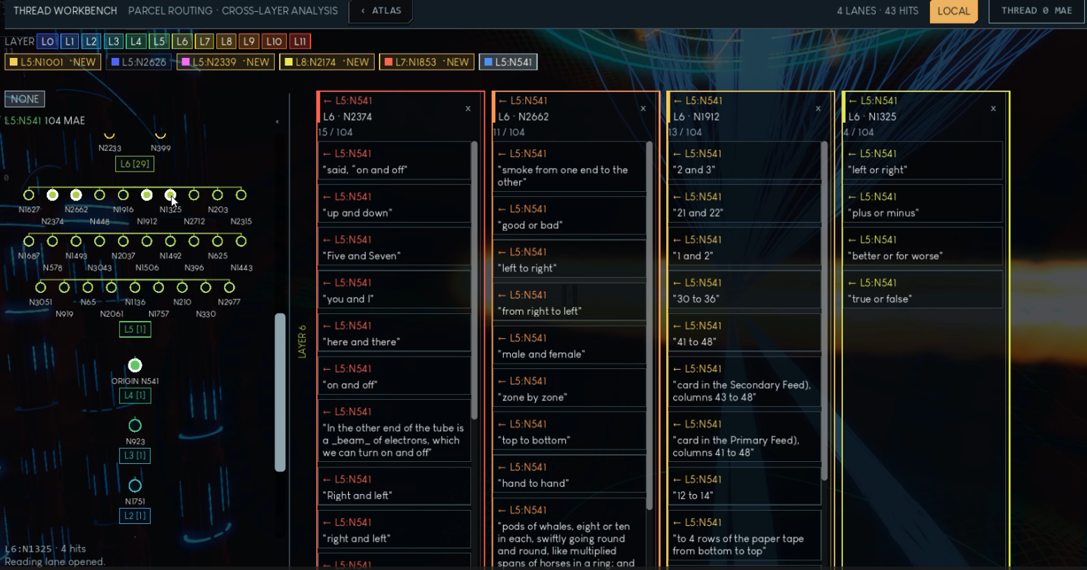 A branching thread inspector with coloured panels over the ring world