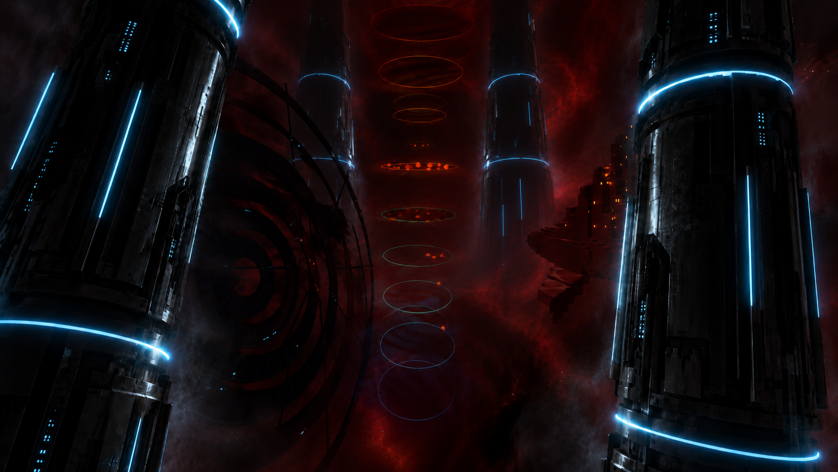 Dark cylindrical towers edged with blue light around a vertical sequence of glowing rings in a red sky