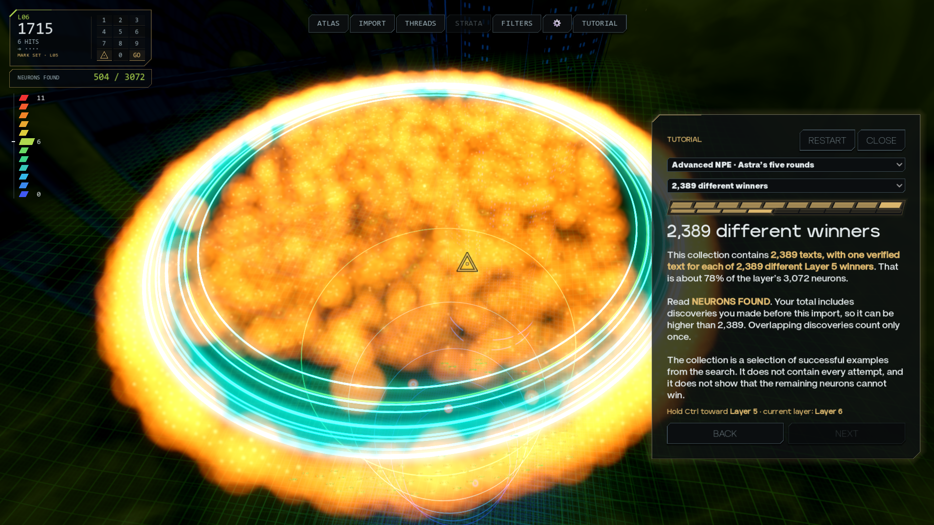A dense sphere of glowing orange nodes encircled by cyan rings beside a statistics panel