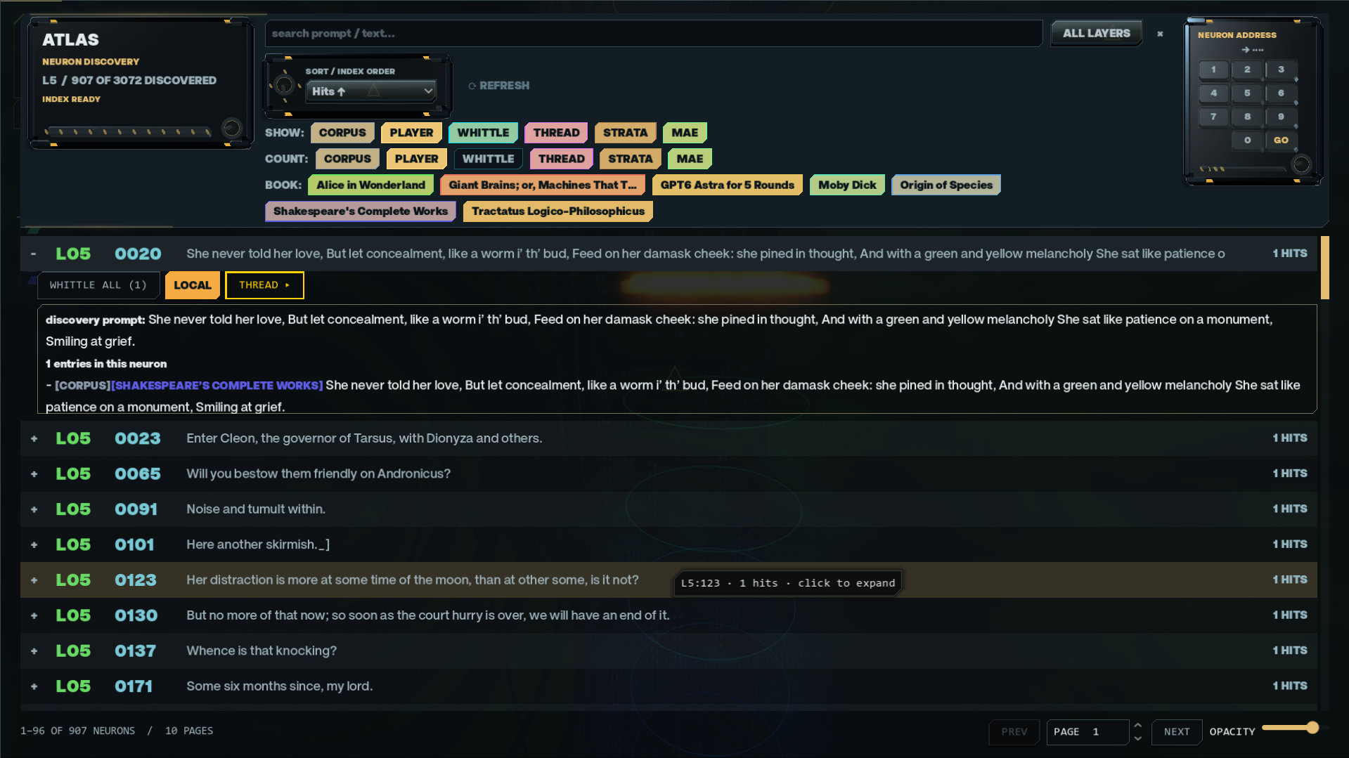 An Atlas window with a cluster of coloured word filters and expanded text results