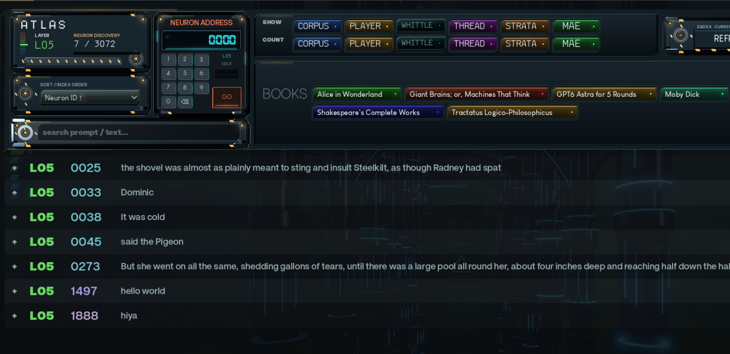 An Atlas interface with decorative word filters and a list of text fragments