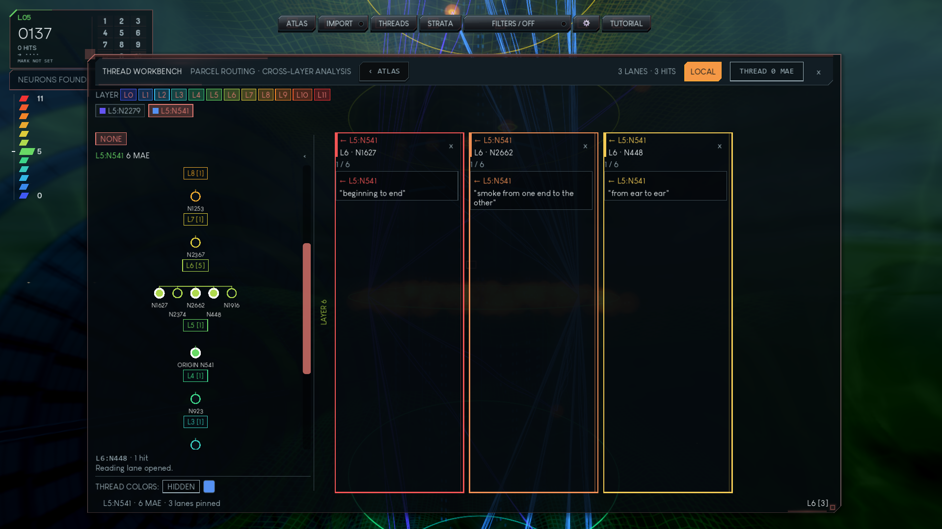 A thread inspector showing coloured branches and three parallel text panels