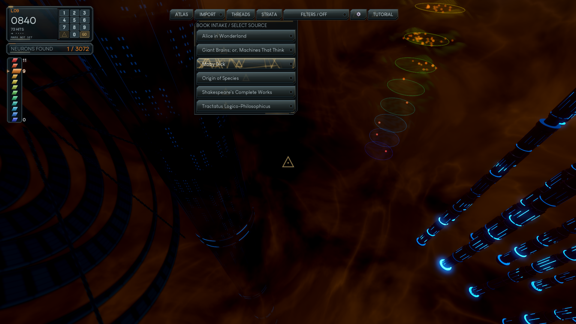 A view between blue-lit towers toward descending rings, with a text results panel open above the scene