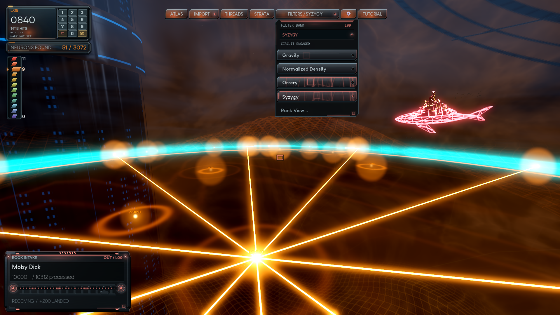 Glowing gold spokes and a cyan ring beside a pink wireframe whale, with text filters over the three-dimensional world