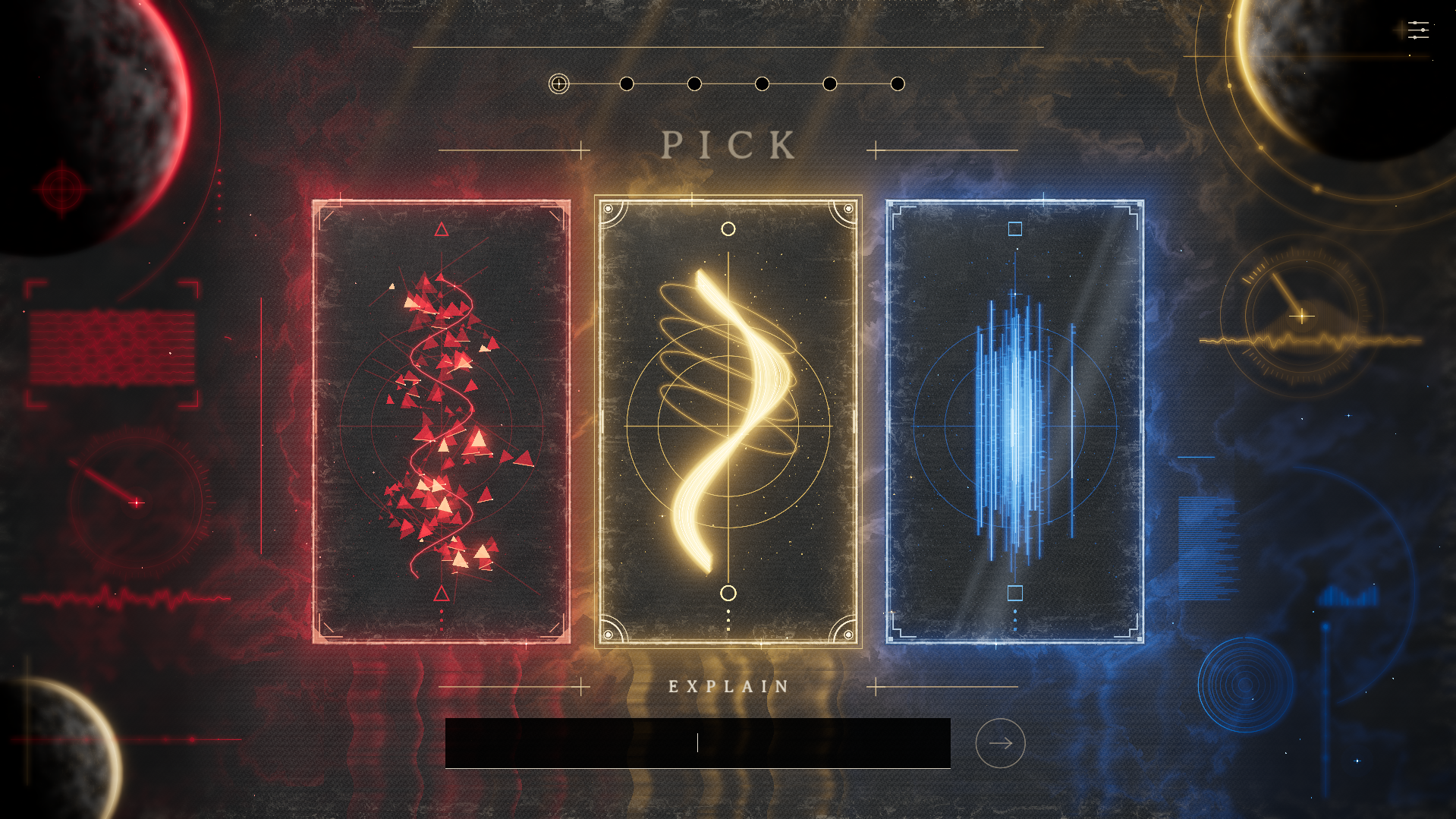 Three illustrated selection cards in red, gold and blue beneath a Pick heading