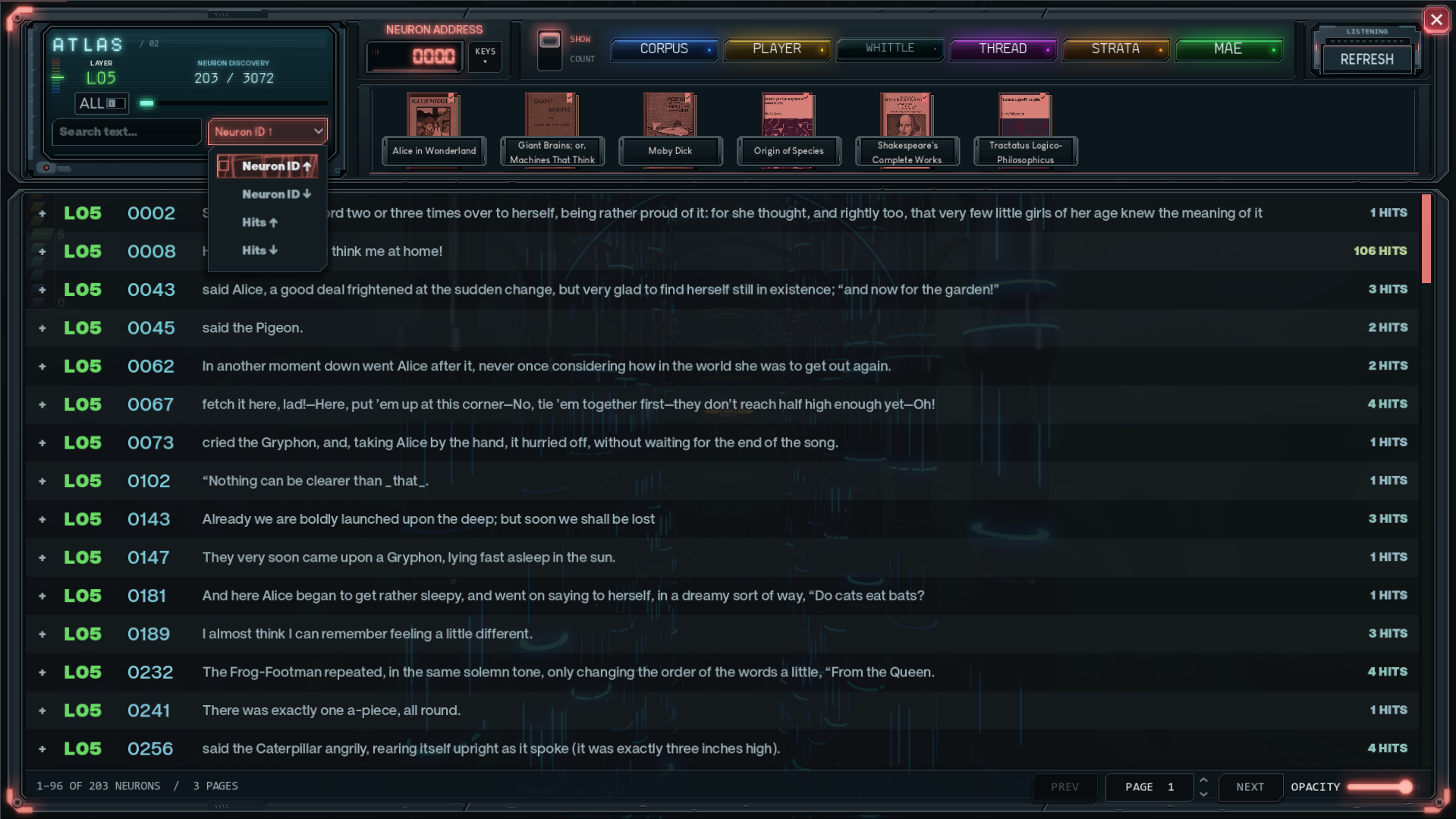 An Atlas interface with red illustrated word filters and rows of text fragments