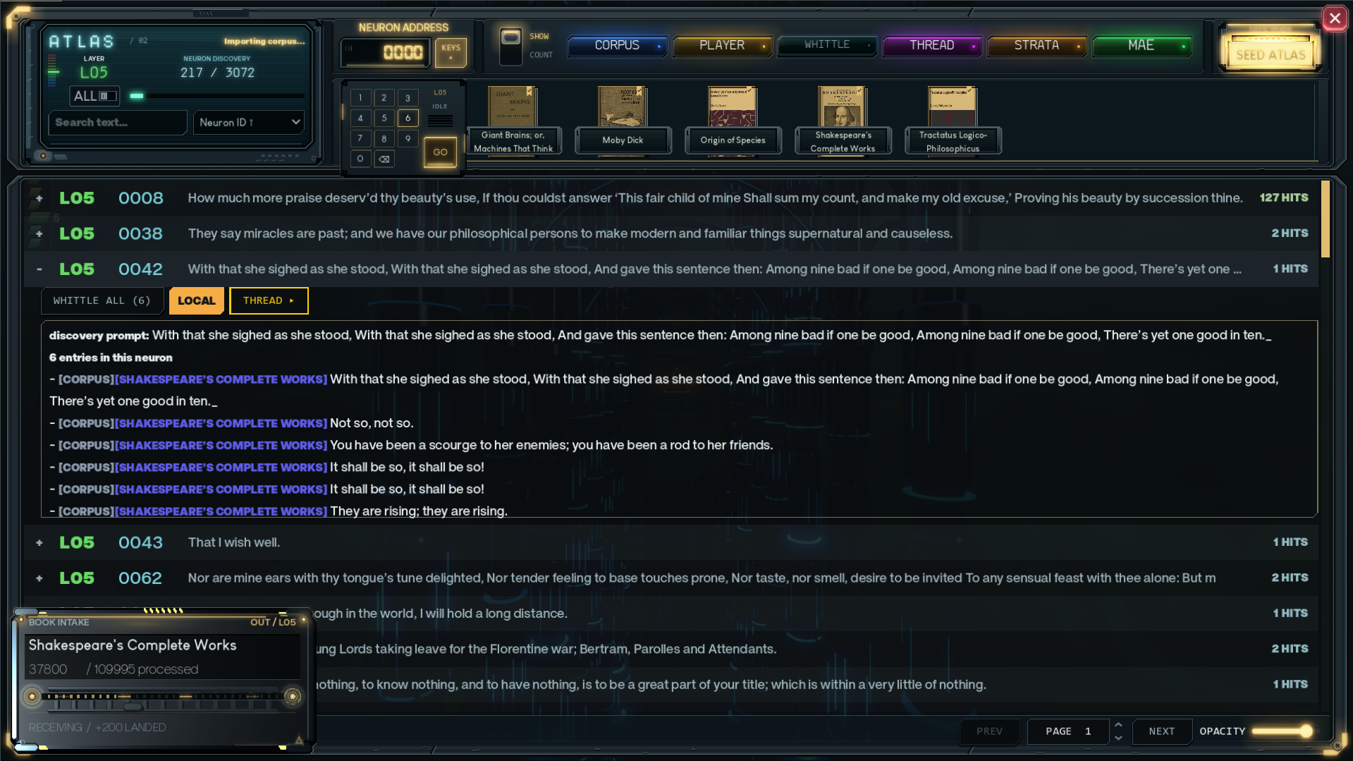 An Atlas interface with gold illustrated word filters and expanded text fragments