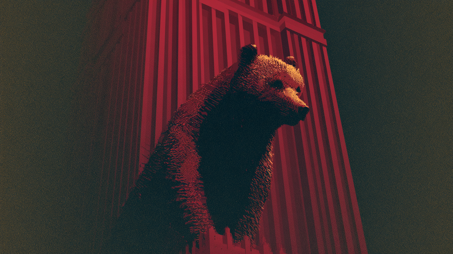 A monumental red and black bear standing against a striped architectural structure