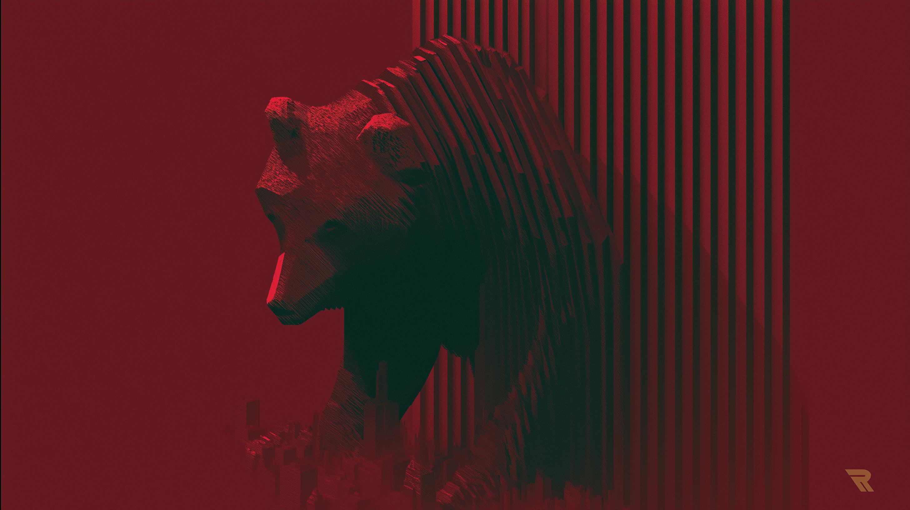 A colossal dark bear intersected by red and black architectural bands