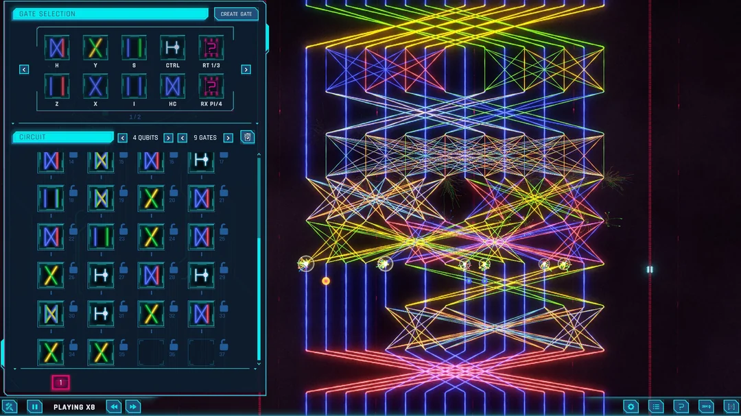 Quantum Odyssey interface showing a gate selection panel beside a dense multicoloured visualization of quantum operations