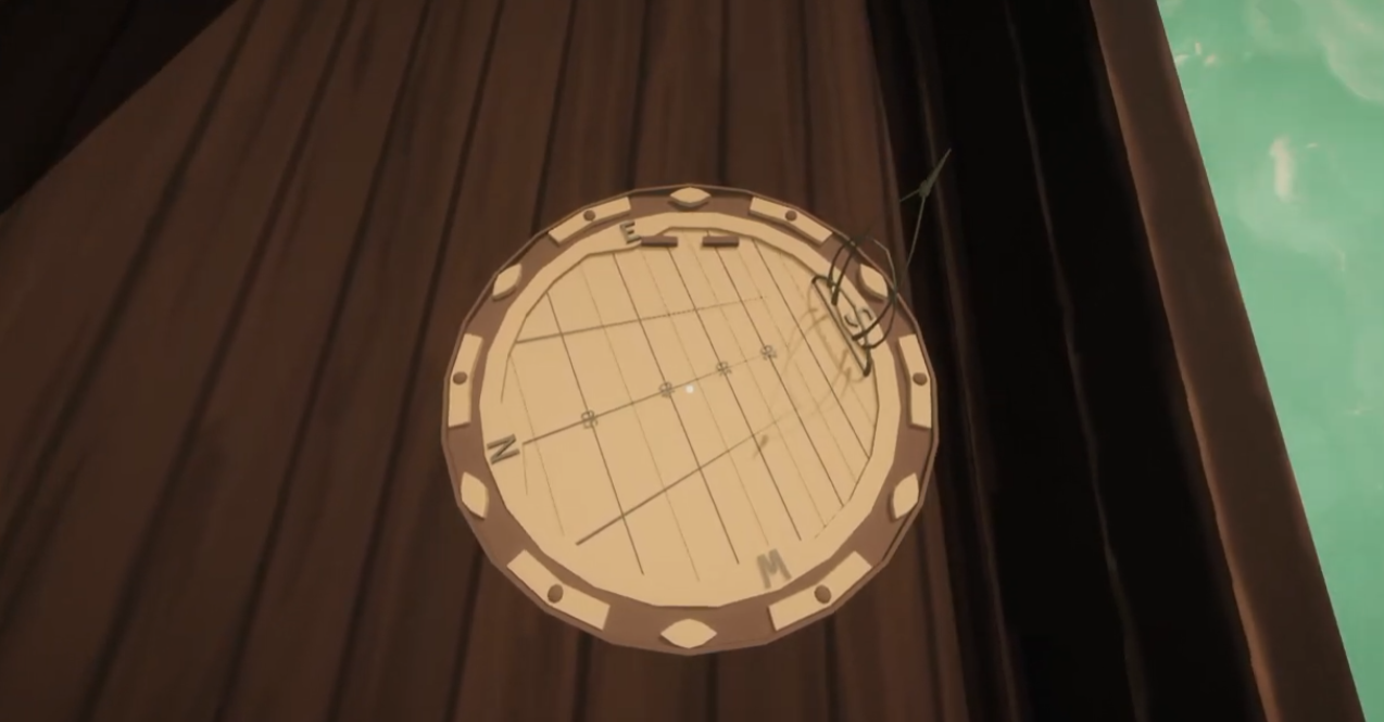 Sailwind's wooden sun compass held on the deck of a ship, with its gnomon casting a shadow across the marked dial