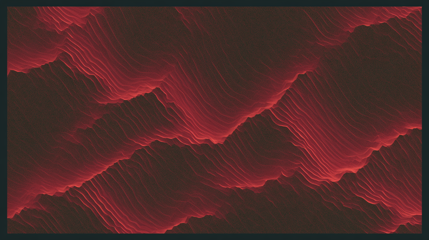 Abstract red parallel strata folding across a dark field