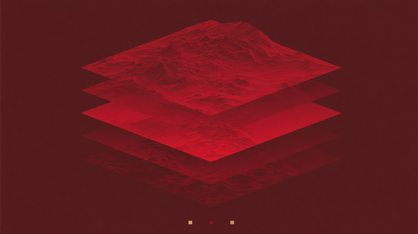 Separated red terrain layers floating as an ordered stack