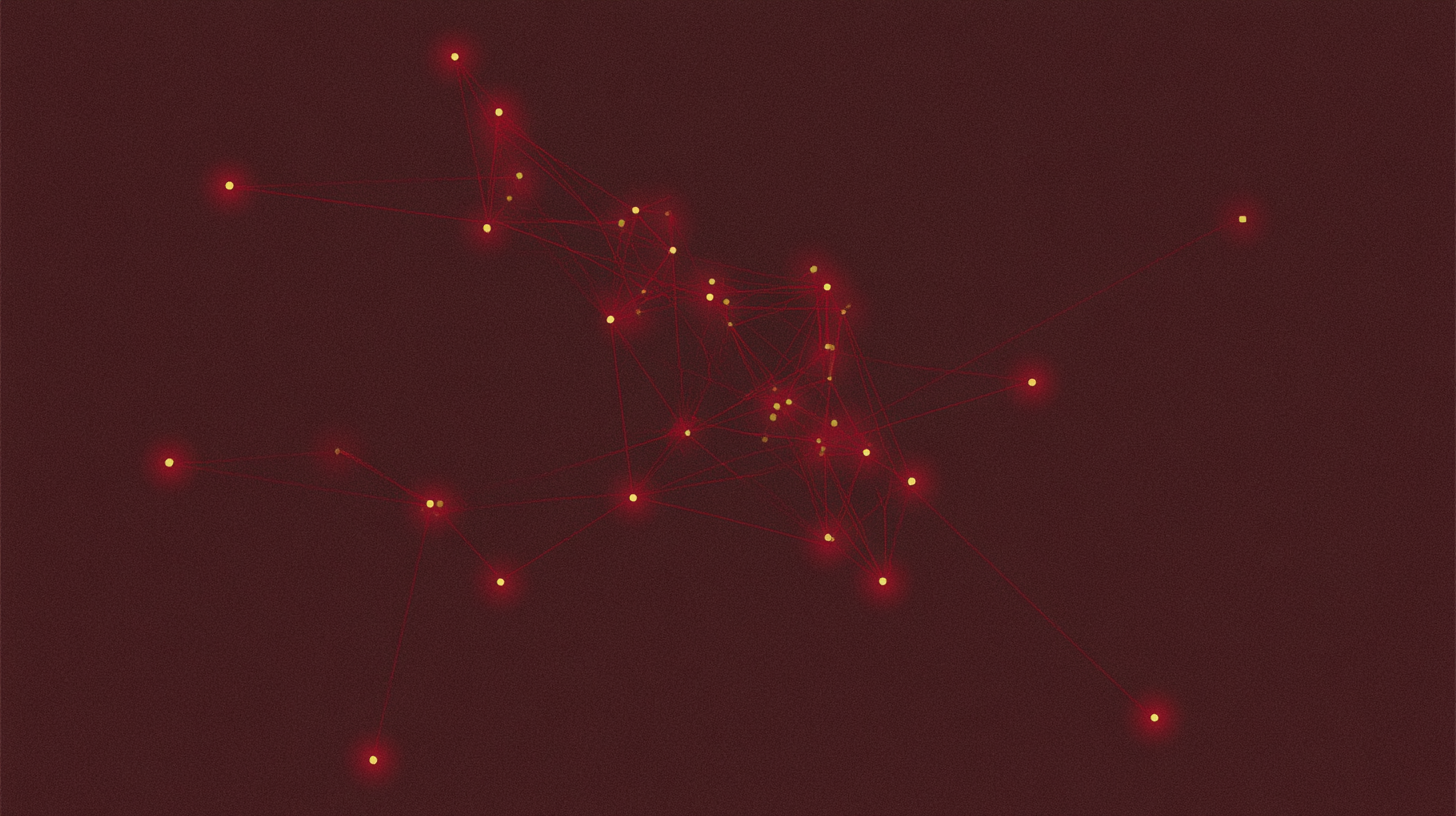 A field of glowing points joined by many fine red lines
