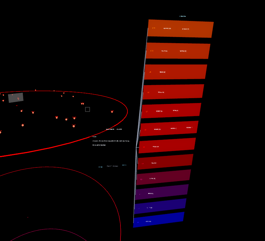Early in-world STRATA prototype showing twelve coloured layer rows standing beside the player in the Mesocosm starmap