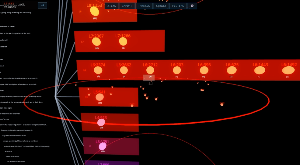 Third in-world STRATA prototype with refined layer rows, neuron-star labels and occurrence counts