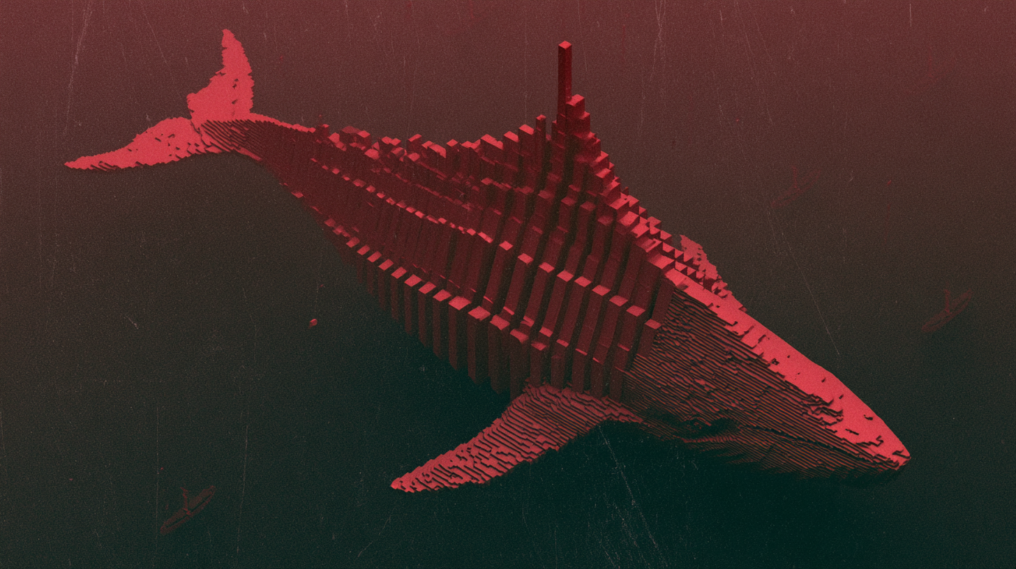 A colossal red whale rendered as a ribbed architectural structure against a dark field