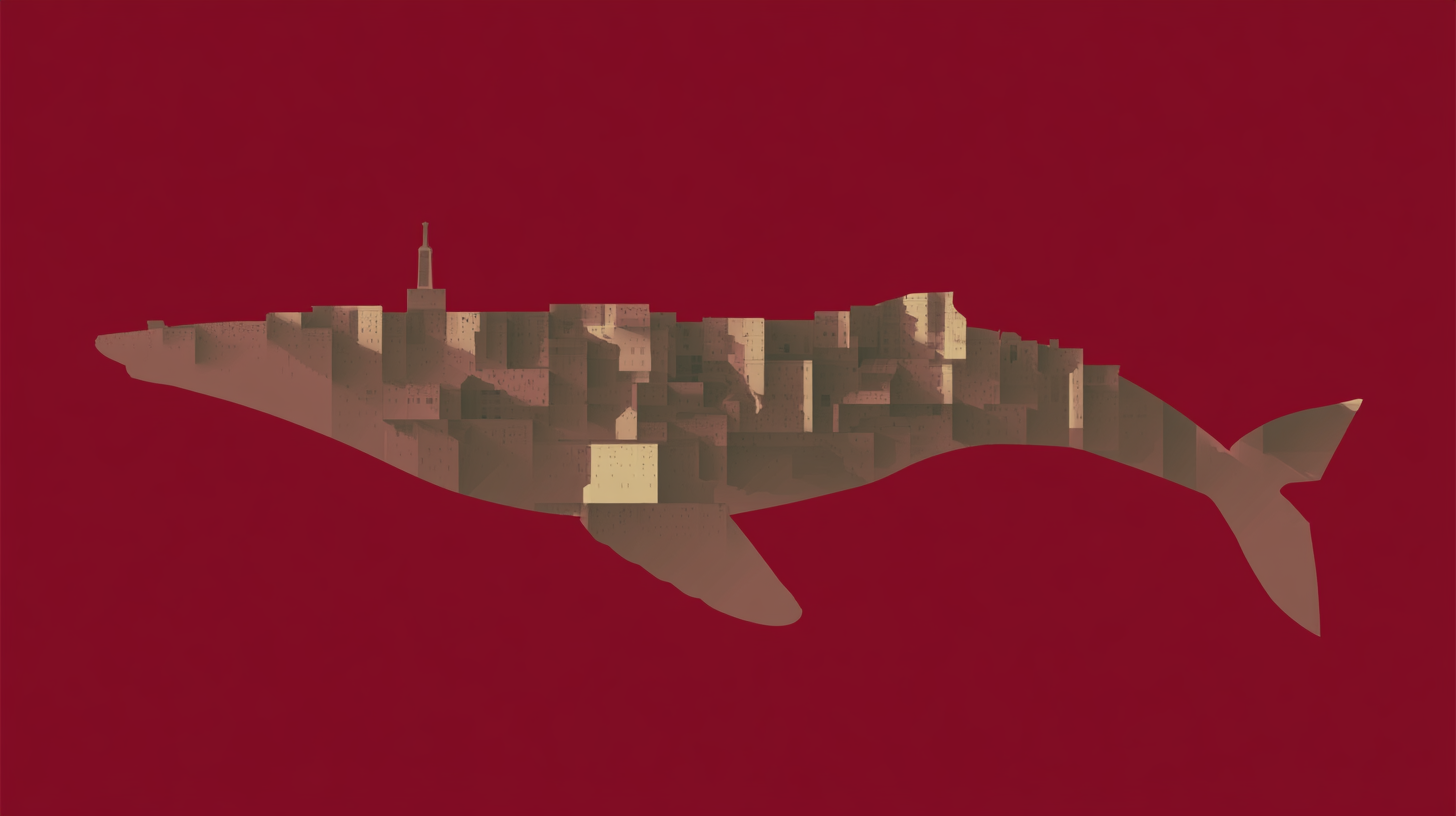 A whale silhouette containing a dense city of block-like buildings on a deep red field