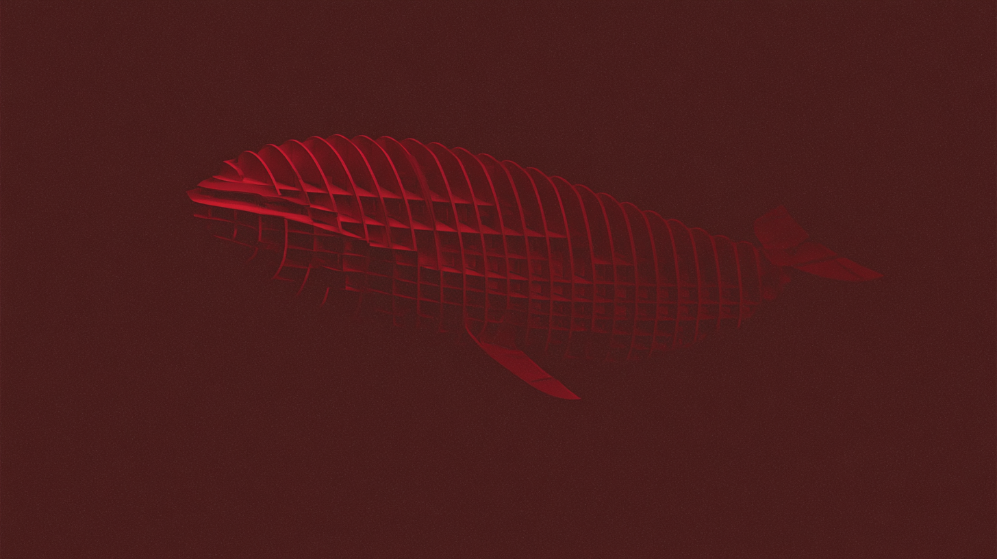 A red skeletal whale architecture made from repeating ribs and horizontal beams