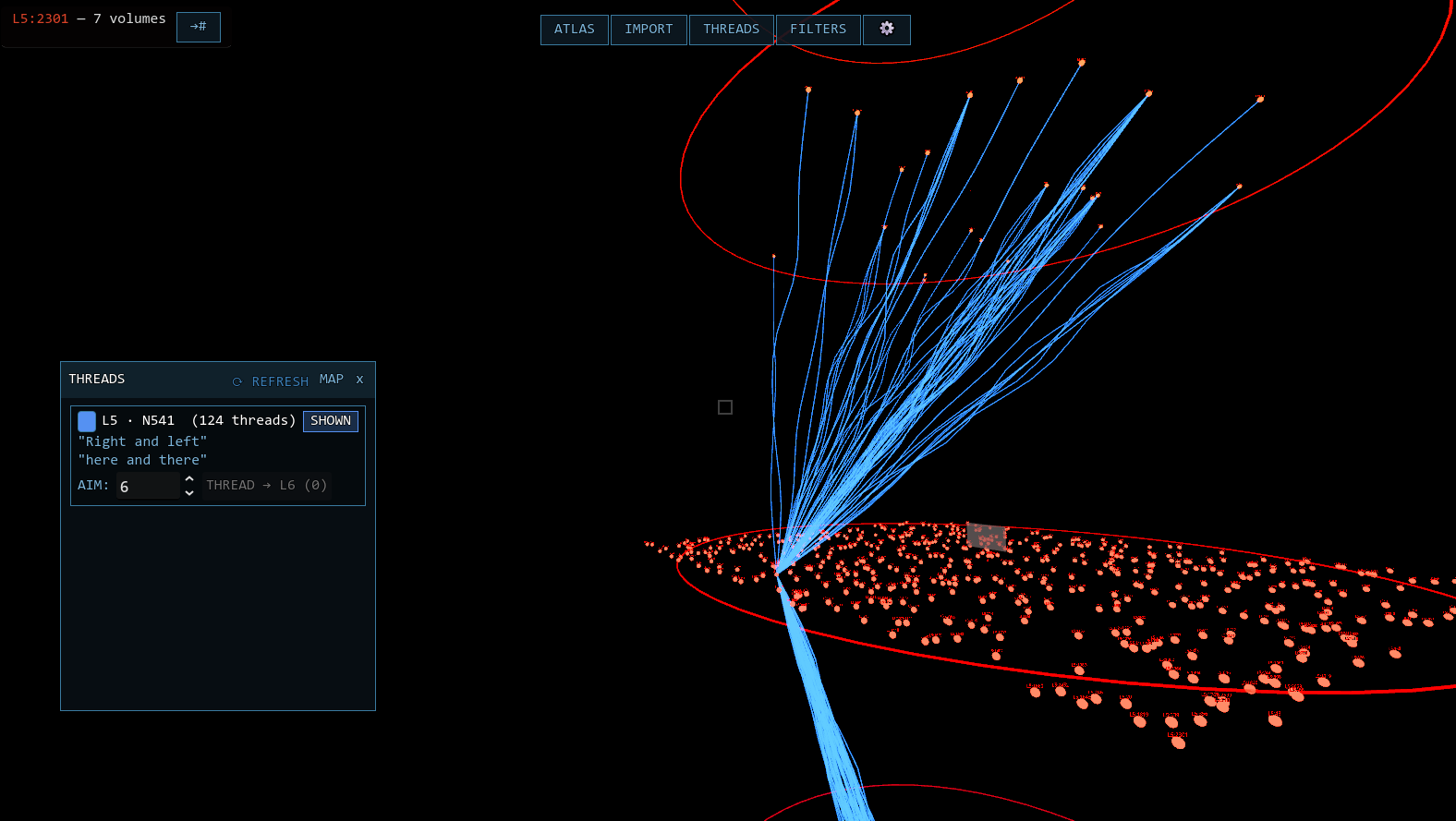 Godot starmap showing the L5-N541 thread bundle fanning outward toward layer-six destinations