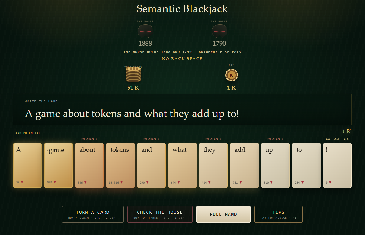 Semantic Blackjack interface showing token cards, the House, and a red and black table