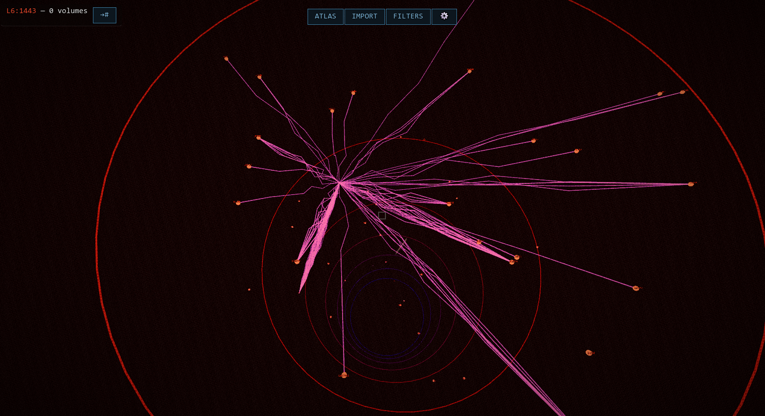 Pink routes radiating through a field of large red orbital rings