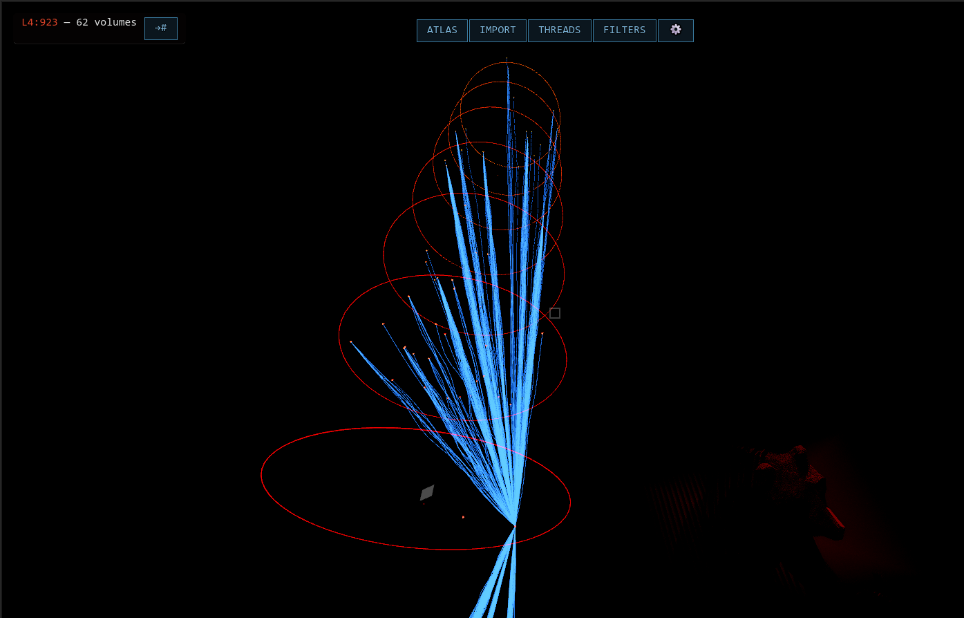A tall blue bundle of routes crossing a stack of red layer rings in Godot