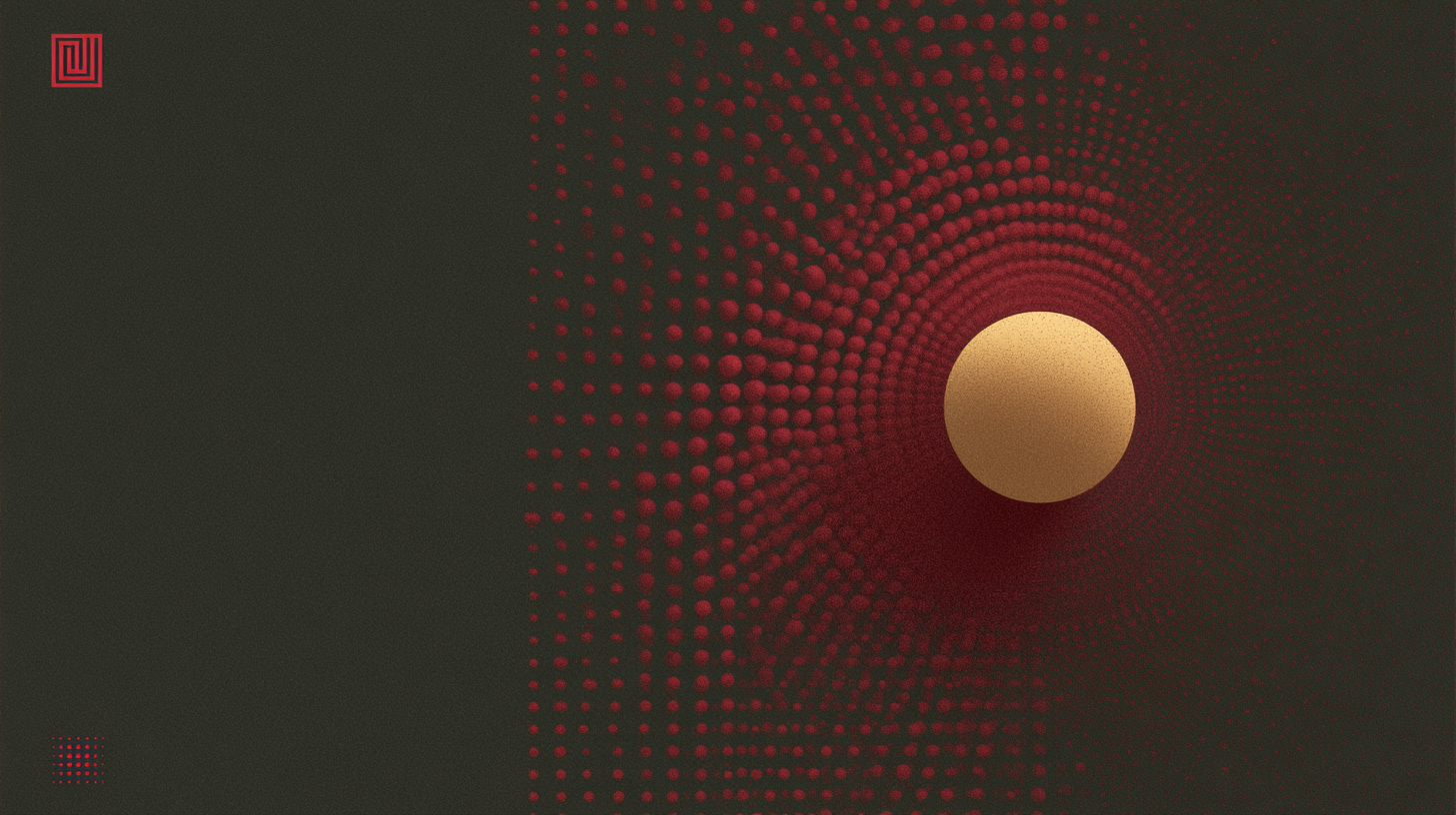 A large gold sphere held inside a red field of smaller points, with much of the surrounding field receding into darkness
