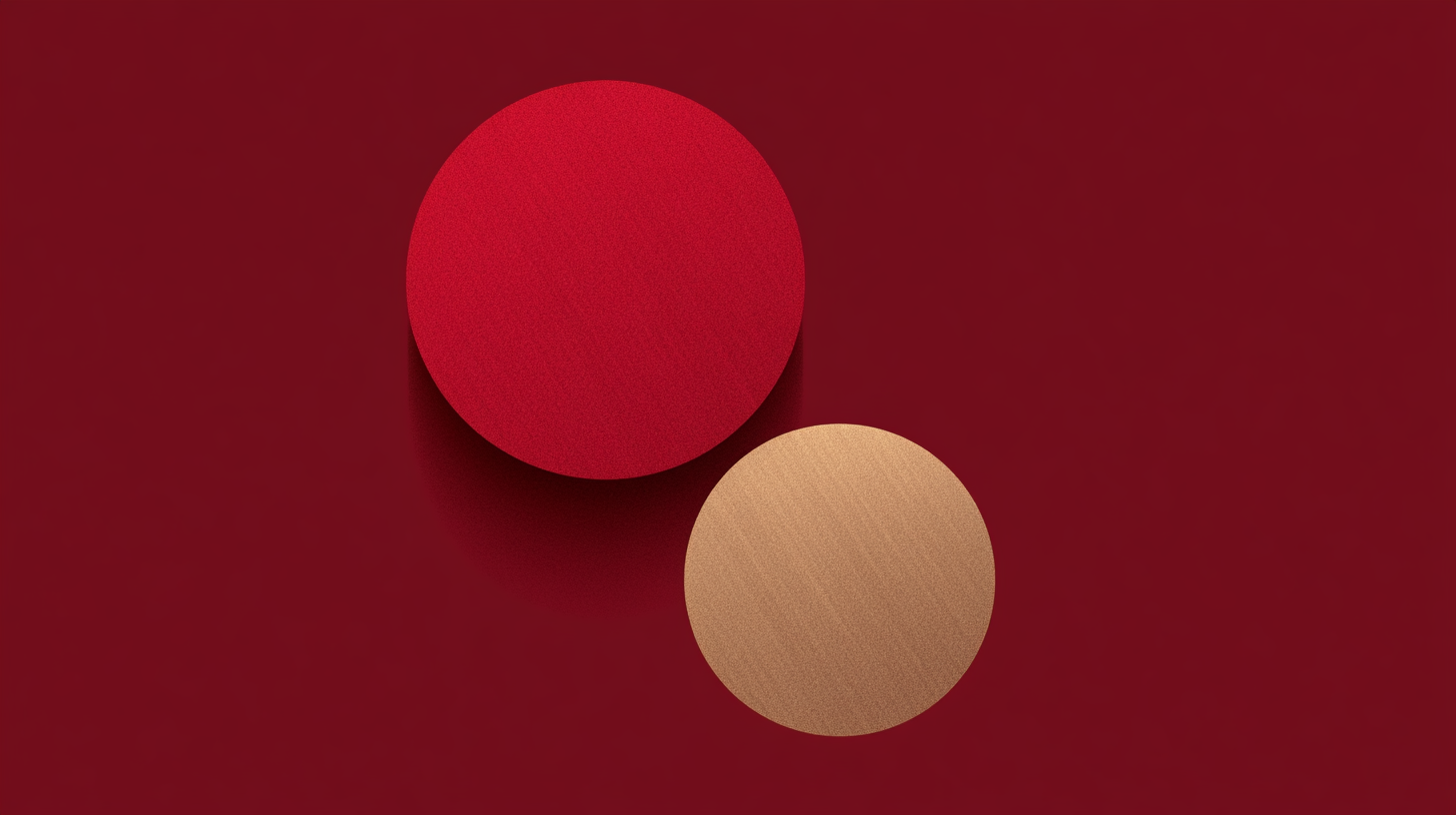 Two circular forms, one red and one gold, separated across a deep red field