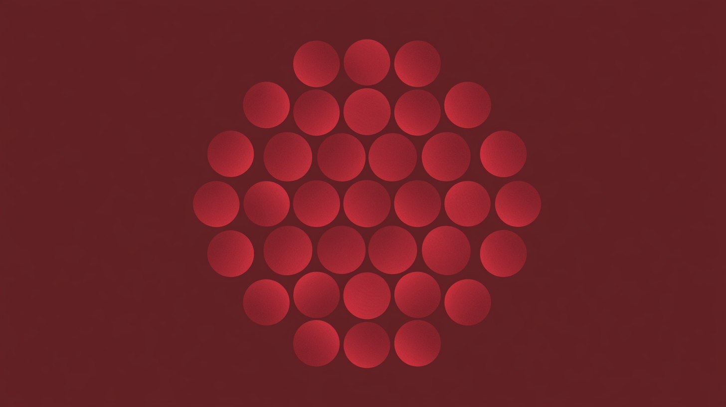A field of red circular forms arranged into a larger circular cluster