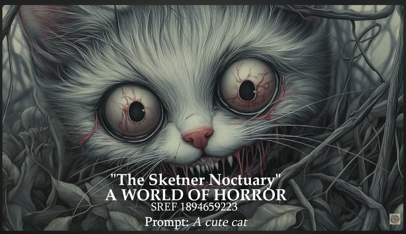 Still from The Sketner Noctuary showing a wide-eyed monstrous cat, the title, SREF 1894659223, and the prompt A cute cat