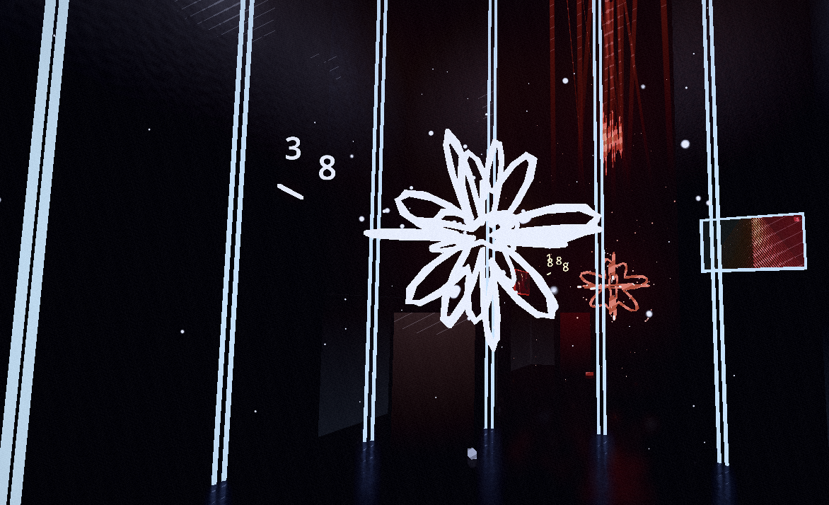 White geometric flower suspended inside a dark vertical library chamber