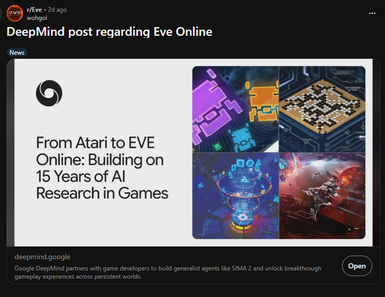 Screenshot of a Reddit post about DeepMind, persistent game worlds, and EVE Online