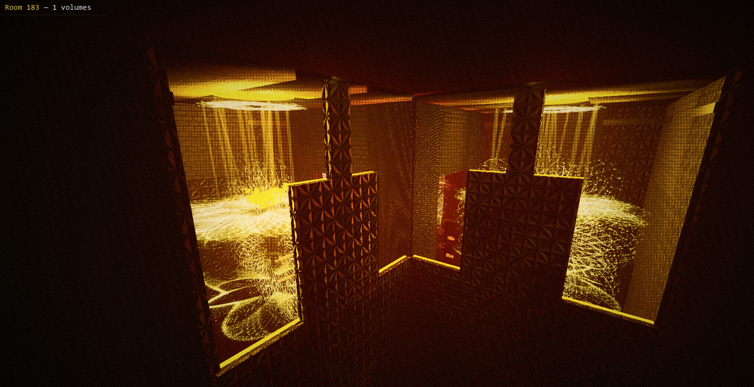 Golden architectural room filled with luminous particle volumes